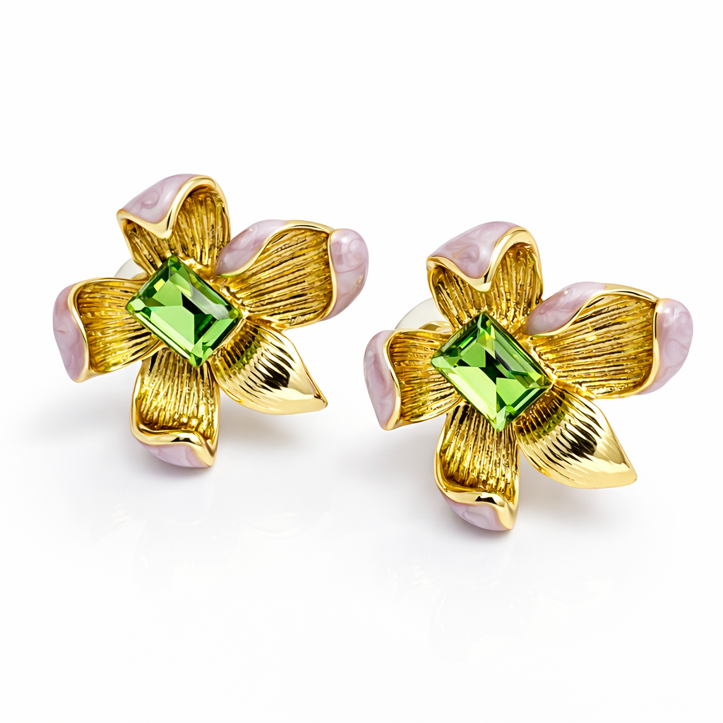 Gold-plated floral pendant jewelry set with green stones by Jinam, featuring intricate floral design and matching earrings.