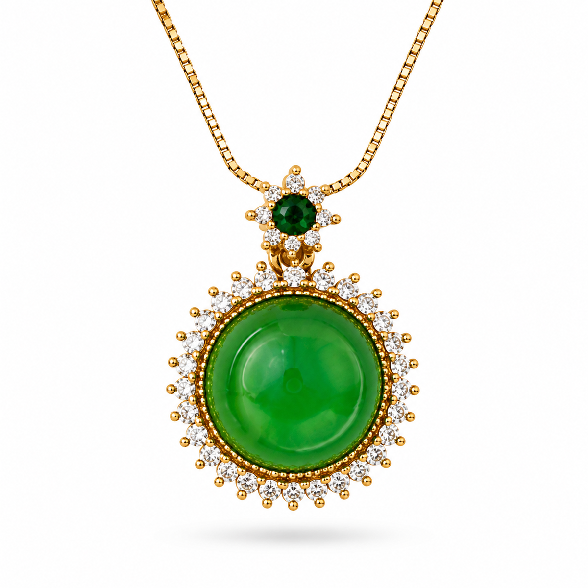 Green Jade Diamond Halo Pendant Necklace front view on white