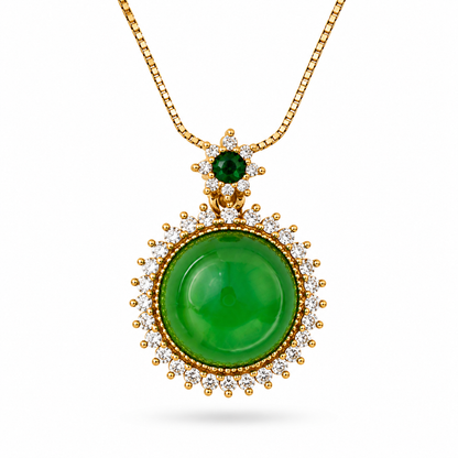 Green Jade Diamond Halo Pendant Necklace front view on white