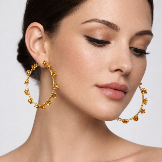 Gold-plated floral hoop earrings by Jinam featuring intricate flower designs and a polished finish.