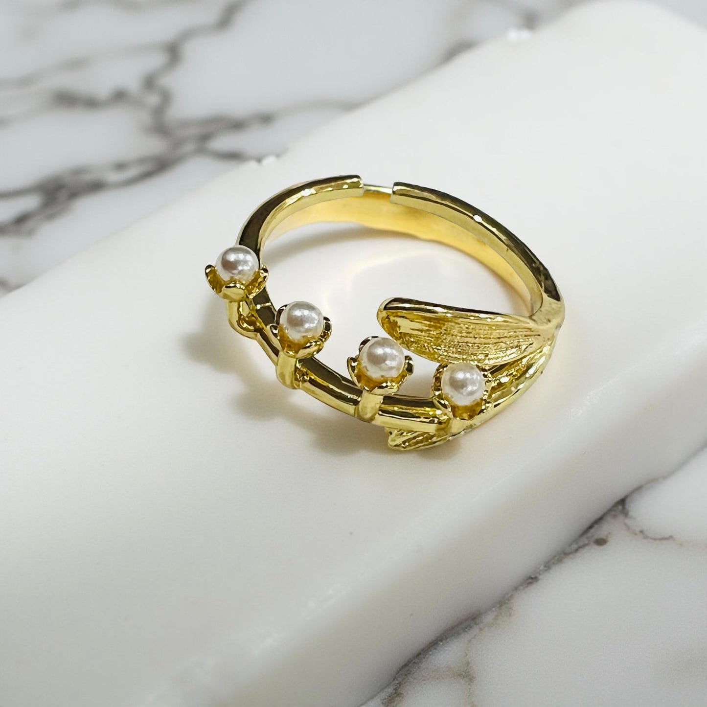 Golden Bloom Pearl Branch Adjustable Ring