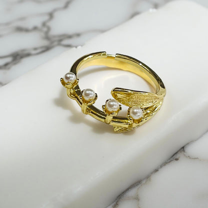 Golden Bloom Pearl Branch Adjustable Ring