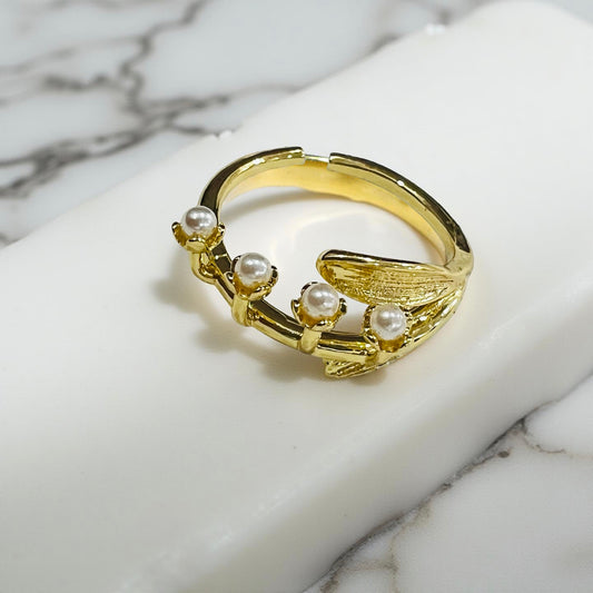 Golden Bloom Pearl Branch Adjustable Ring