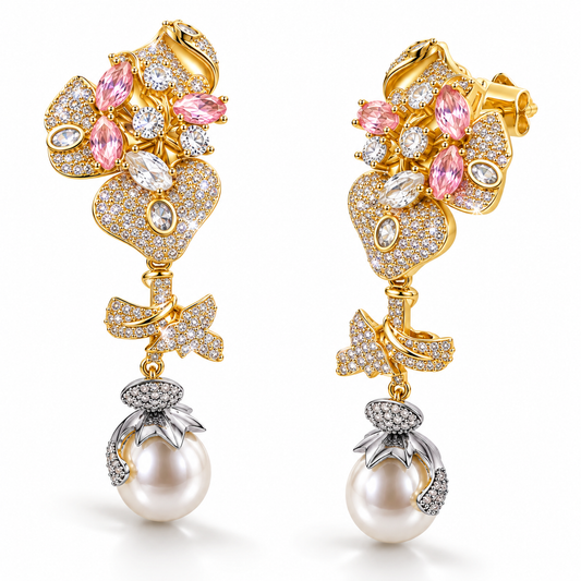 Gold-Tone Pink Floral Semi-Precious Stone & Zircon Drop Earrings