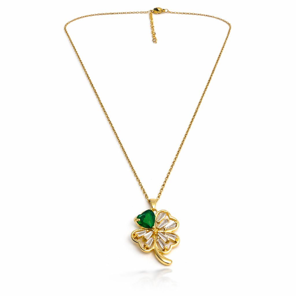 Green Heart Clover Gold Pendant Chain