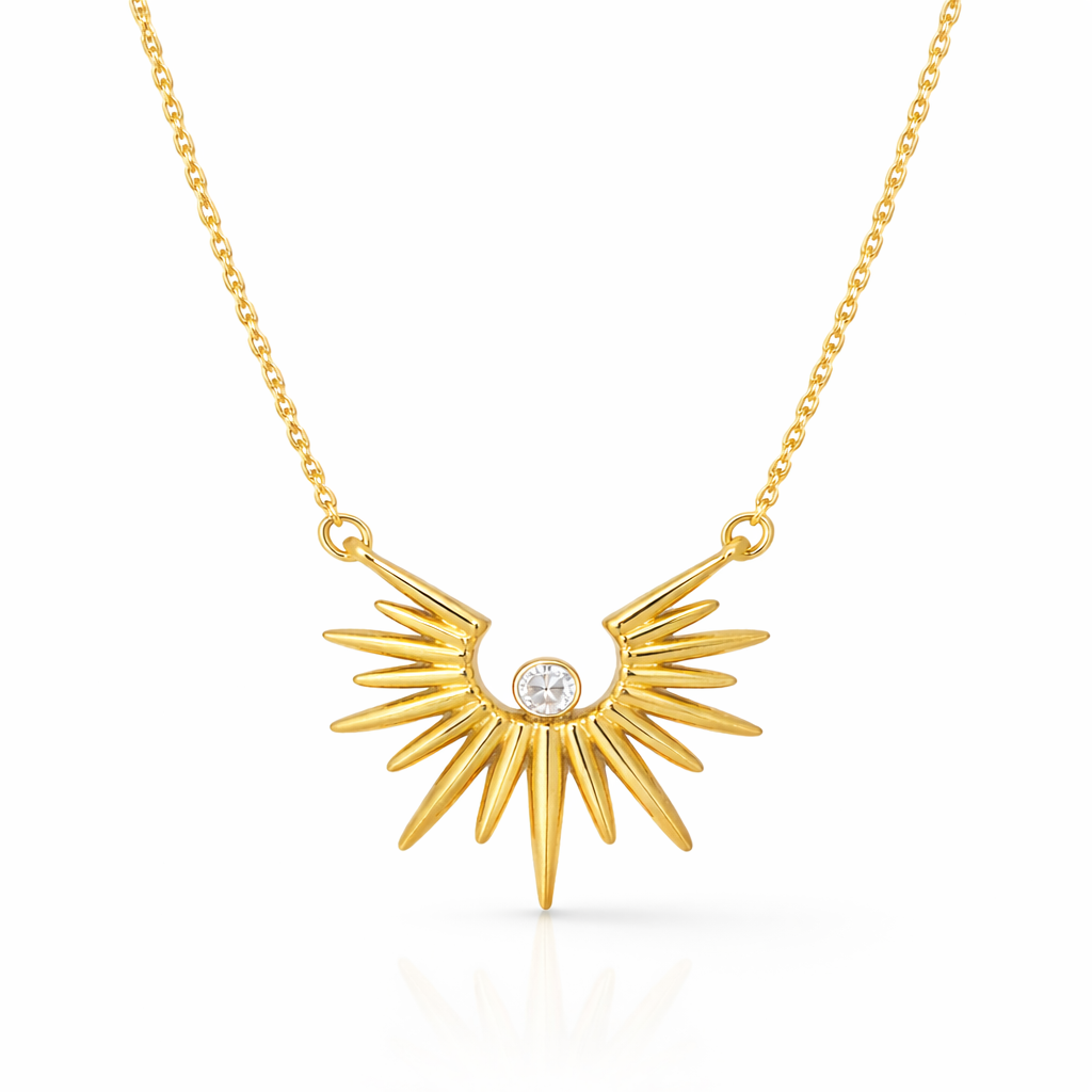 Gold Sunburst Pendant Necklace with Crystal