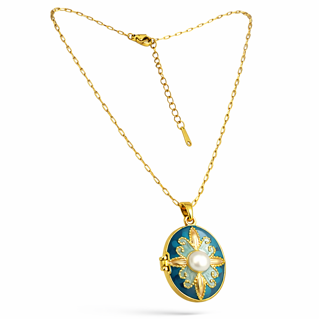 Blue Enamel Pearl Locket Pendant Chain
