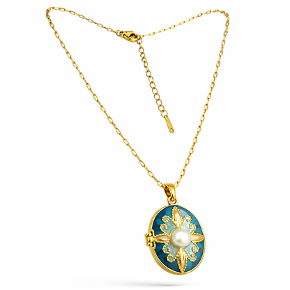 Blue Enamel Pearl Locket Pendant Chain