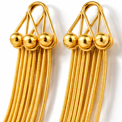 Gold Wire Geometric Triangle Tassel Fringe Earrings with Snake Chain Drops