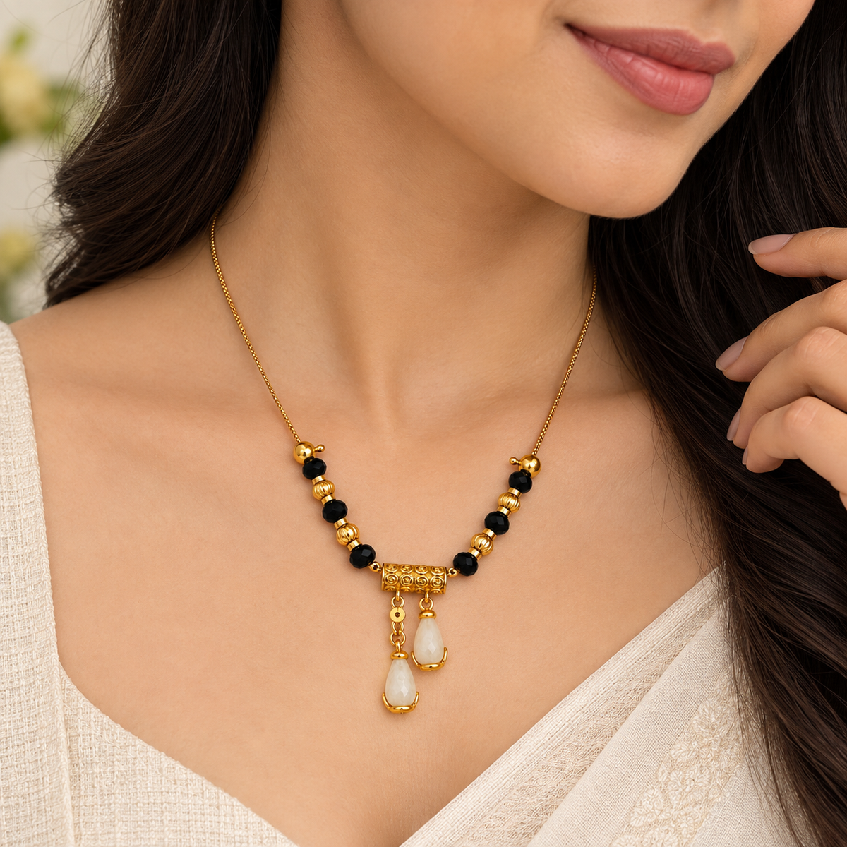 Black Beaded Gold-Tone Drop Mangalsutra