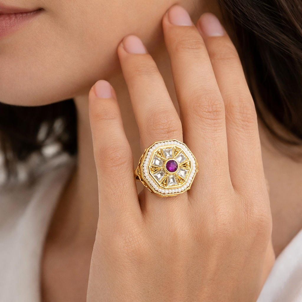 Royal Ruby Polki Statement Ring in Gold-Tone Finish