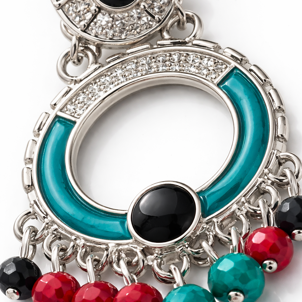 Silver-Tone Teal Enamel Open Hoop Earrings with Multi-Colour Crystal Bead Drops