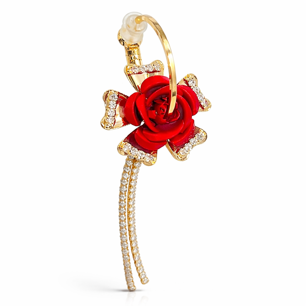 Jinam red rose hoop earrings with crystal tassels, stylish jewelry featuring floral and sparkling dangling accents.