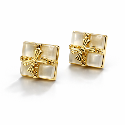 Mother-of-Pearl Cross Gold Stud Earrings