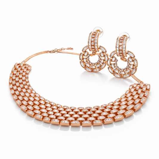 Rose Gold Radiant Baguette AD Necklace Set