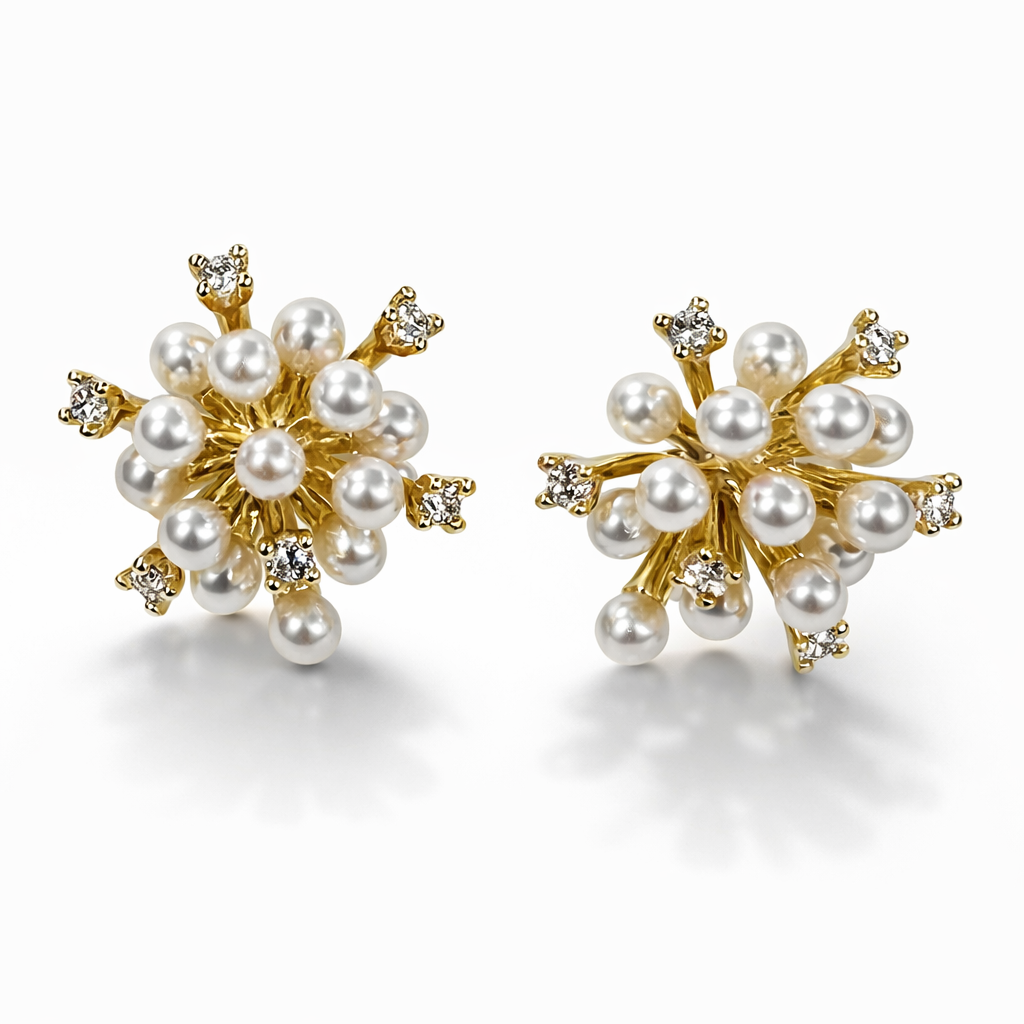 Pearl Burst Diamond Accent Gold Earrings