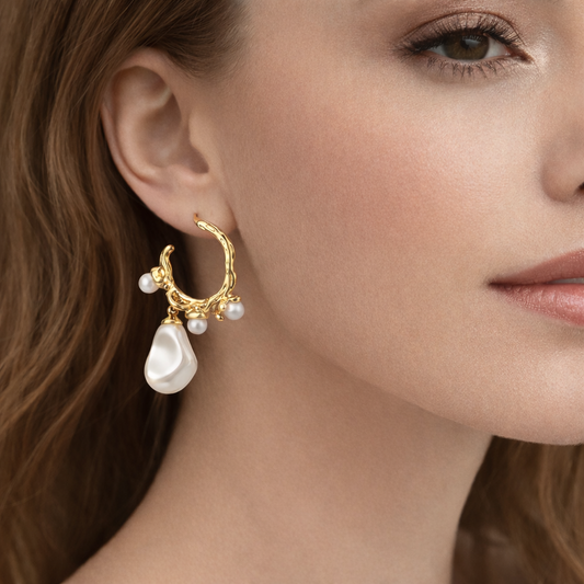 Luxury Gold Textured Hoop Earrings with Baroque Pearl Drop
