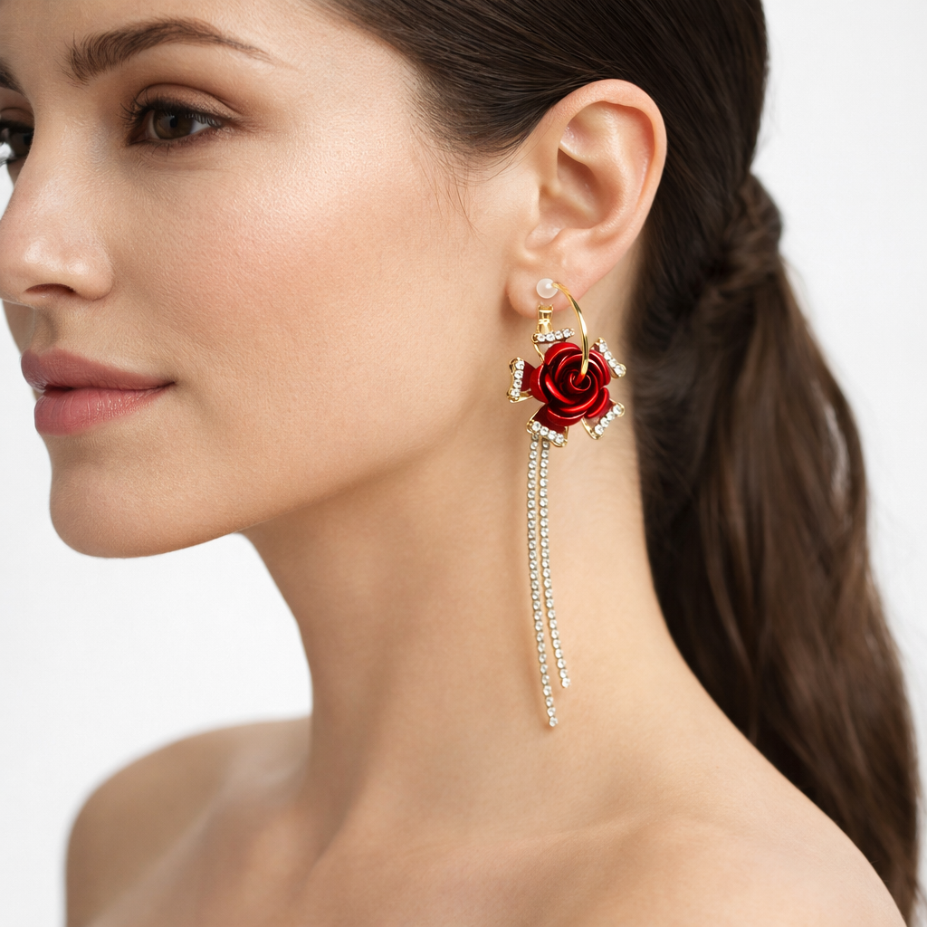 Red rose hoop earrings with crystal tassels by Jinam, featuring floral design and sparkling accents on lightweight hoops.