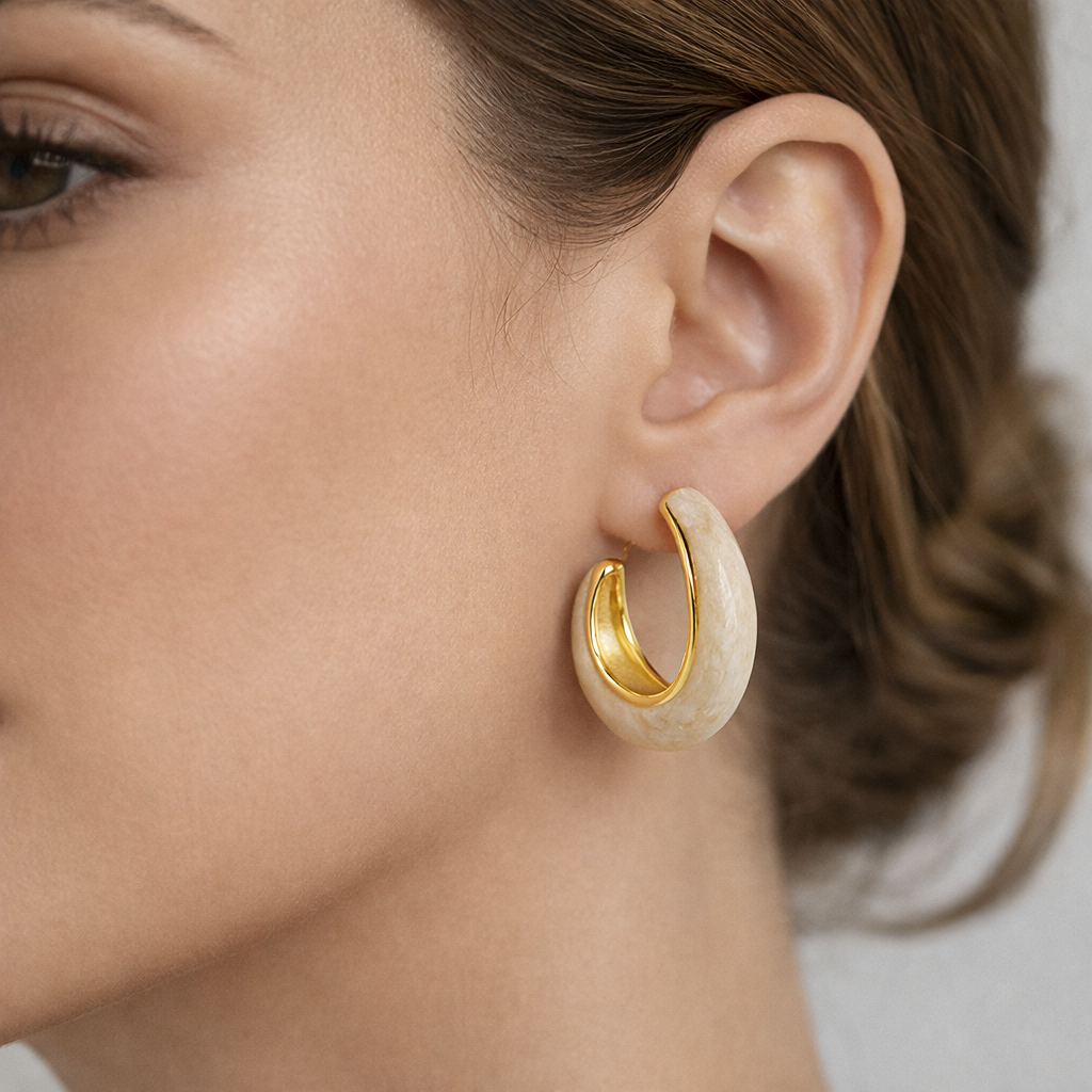 Beige enamel chunky hoop earrings by Jinam, large round earrings with smooth beige enamel finish and bold style.