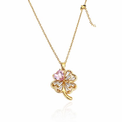 Pink Heart Clover Gold Pendant Chain
