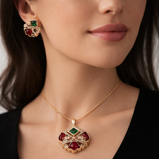 Rajwadi Ruby Emerald Crown Pendant Set