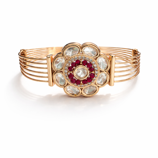 Rose gold finish Ruby Kundan adjustable bracelet by Jinam featuring intricate gemstone settings and delicate design.