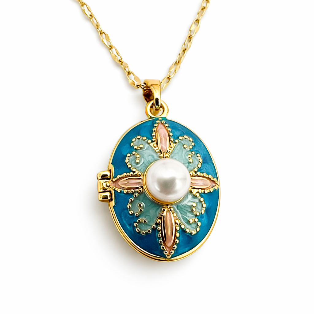 Blue Enamel Pearl Locket Pendant Chain