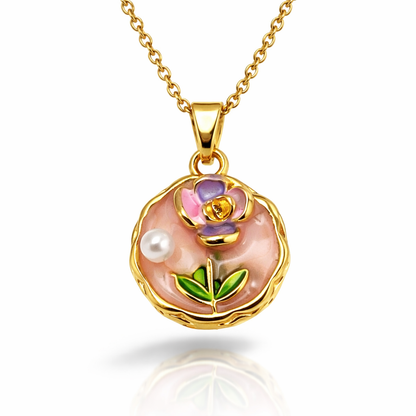 Floral Pearl Enamel Gold Pendant Chain