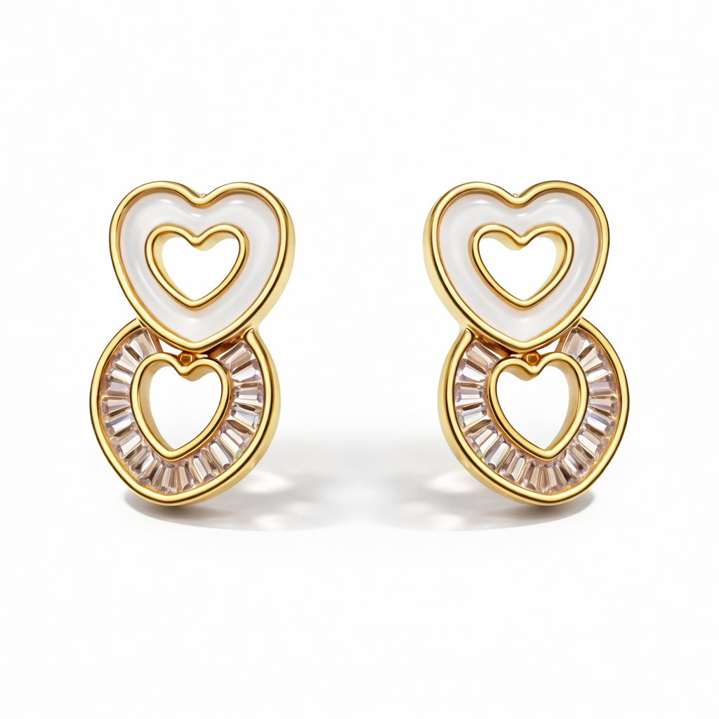 Double Heart Gold Stud Earrings