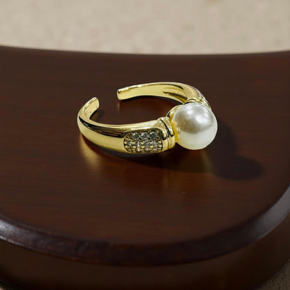 Gold-Plated Adjustable Pearl & Crystal Ring