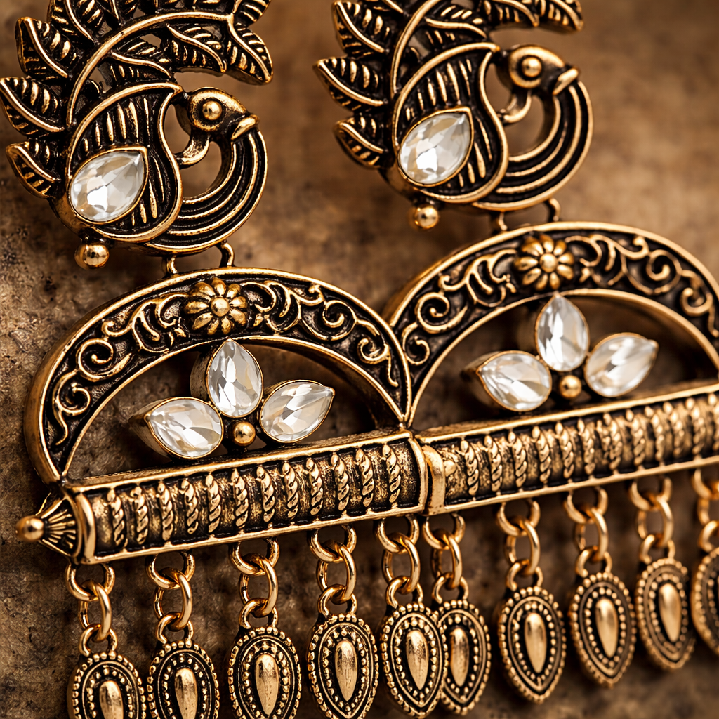 Antique Gold Peacock Chandelier Earrings with Kundan Stones & Leaf Drops