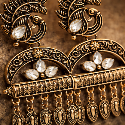 Antique Gold Peacock Chandelier Earrings with Kundan Stones & Leaf Drops