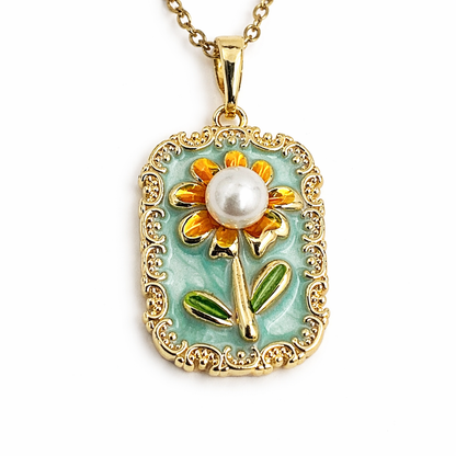Vintage Pearl Sunflower Enamel Chain Pendant