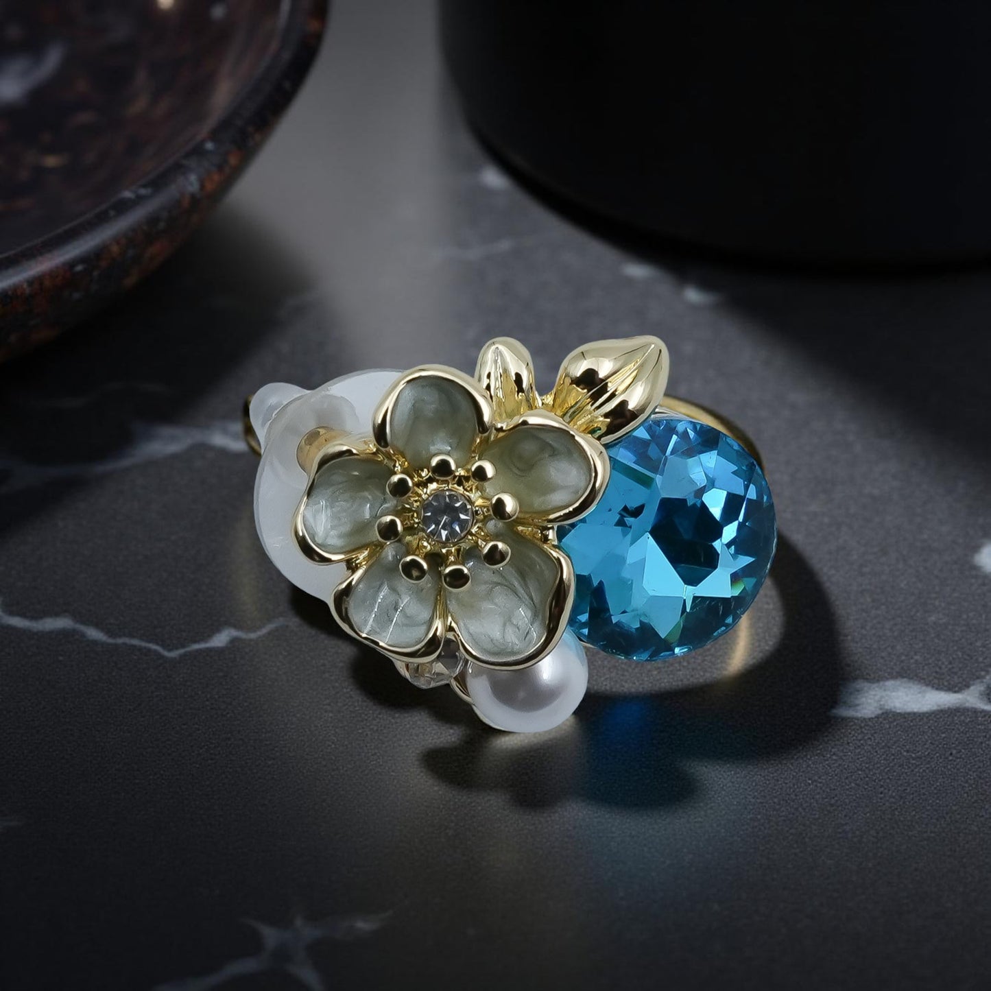 Blue Crystal Floral Stud Earrings