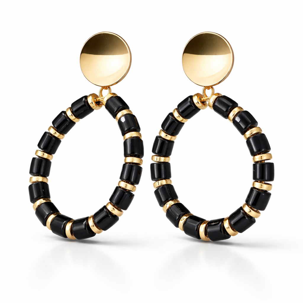 Black Cylinder Bead & Gold Disc Hoop Drop Earrings with Coin Stud Top