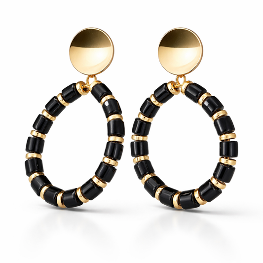 Black Cylinder Bead & Gold Disc Hoop Drop Earrings with Coin Stud Top