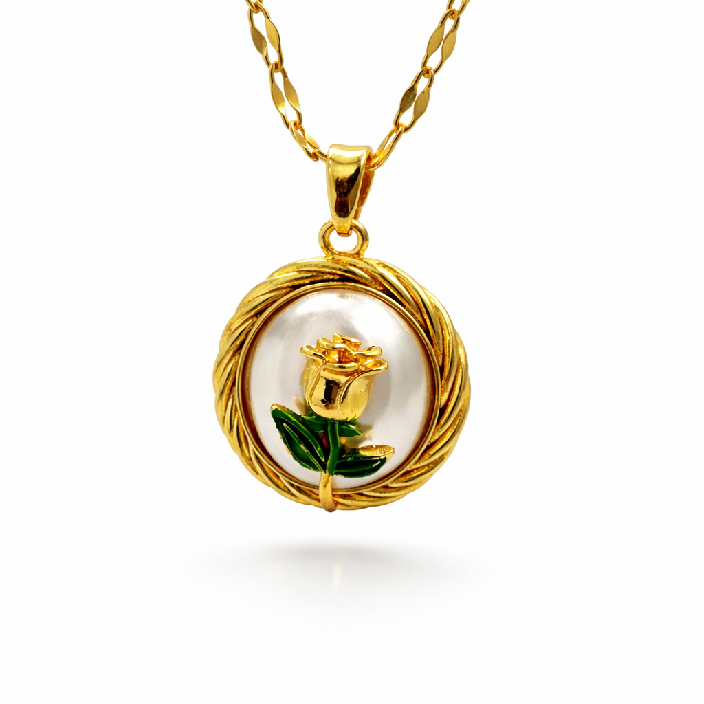 Golden Rose Pearl Medallion Chain Pendant