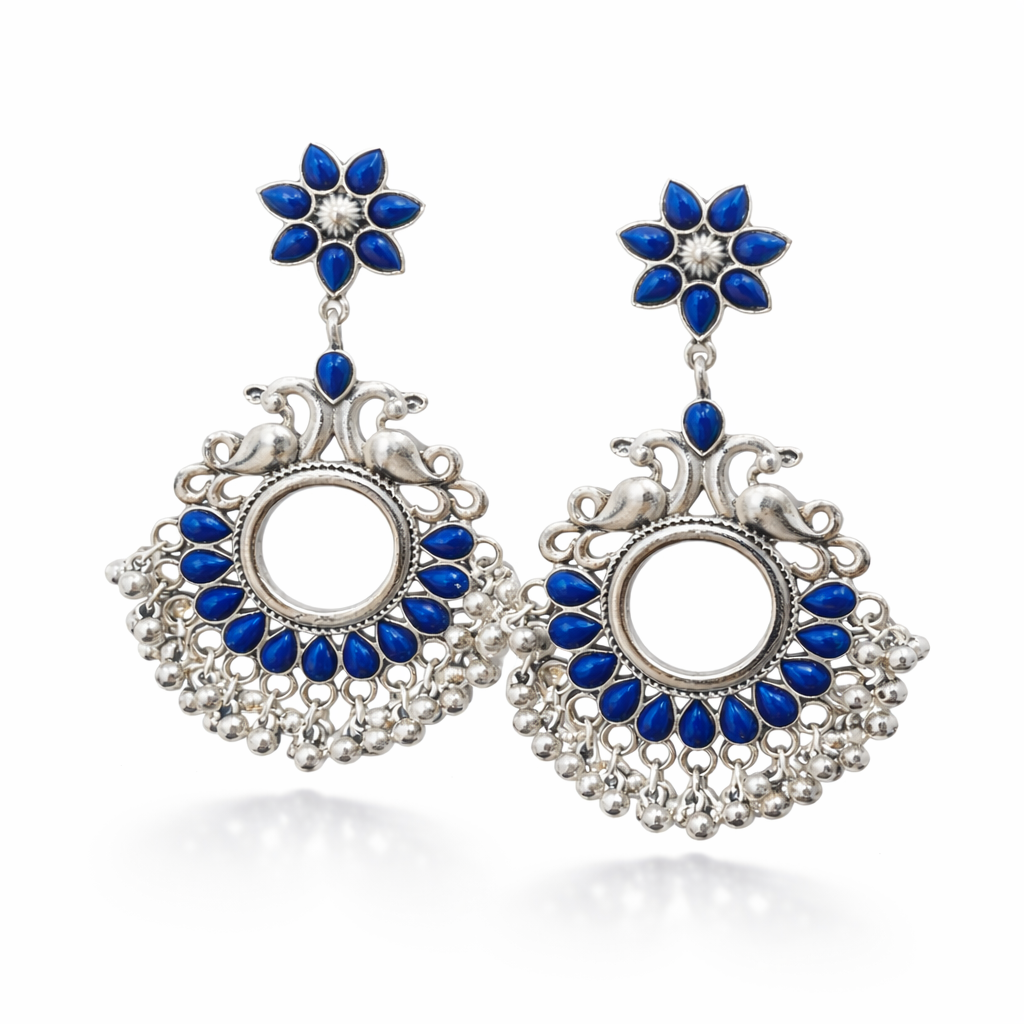 Oxidised silver blue floral earrings with bird motif by Jinam, showcasing intricate design and detailed craftsmanship.