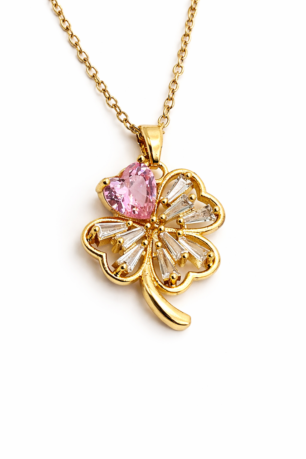 Pink Heart Clover Gold Pendant Chain