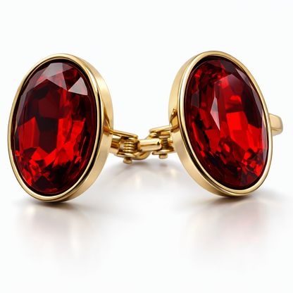 Elegant Ruby Red Oval Stone Gold-Tone Open Cuff Bracelet