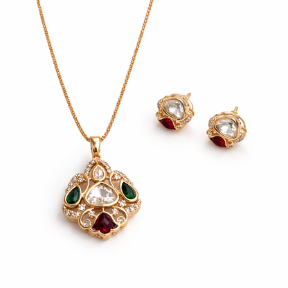 Traditional Kundan Style Multistone Pendant & Earrings Set