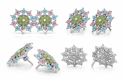 Pastel Enamel Geometric Snowflake Stud Earrings with Floral Centre