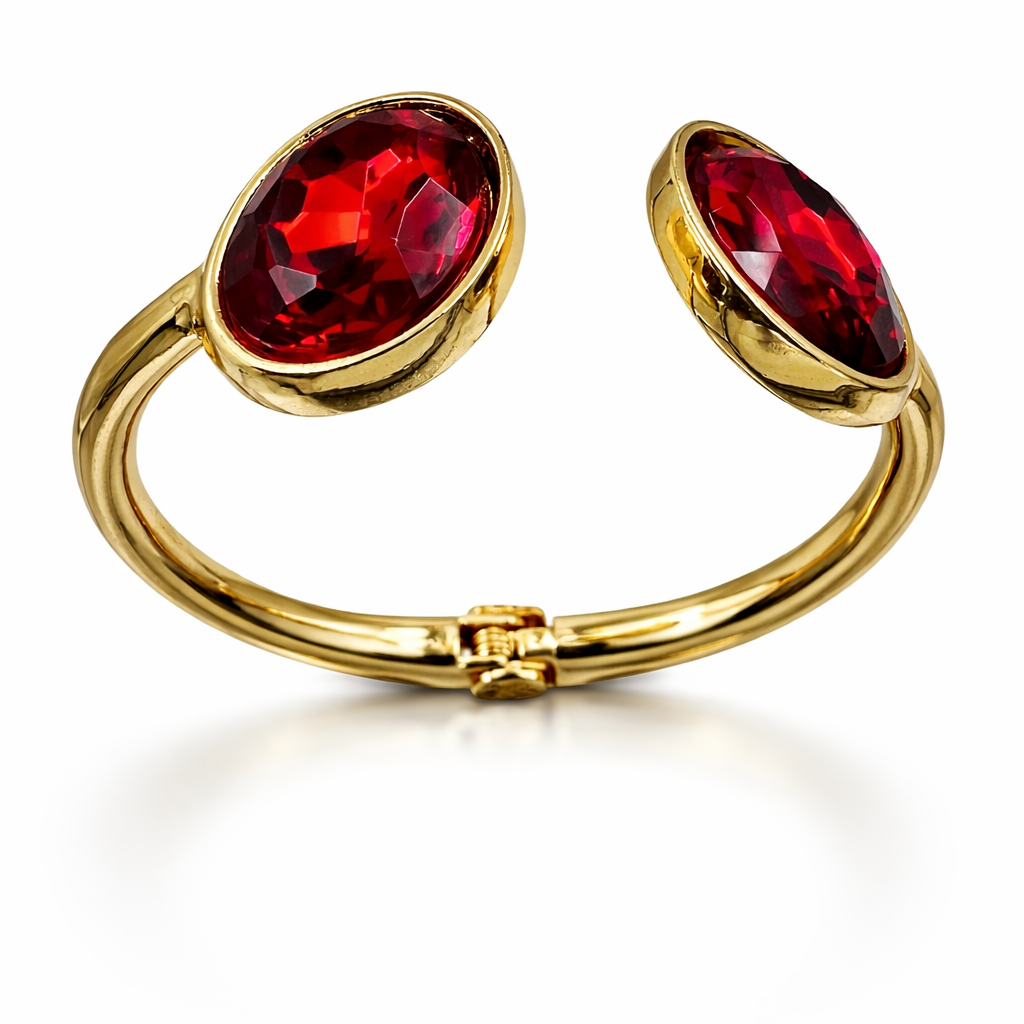 Elegant Ruby Red Oval Stone Gold-Tone Open Cuff Bracelet