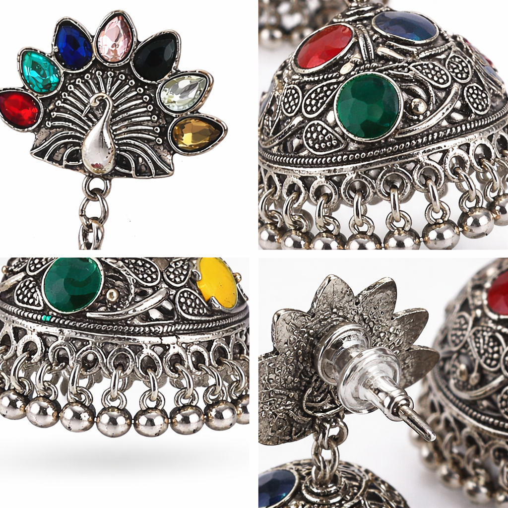 Oxidised Silver Peacock Jhumka Earrings with Multicolour Stones & Ghungroo Drops