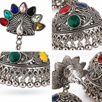 Oxidised Silver Peacock Jhumka Earrings with Multicolour Stones & Ghungroo Drops
