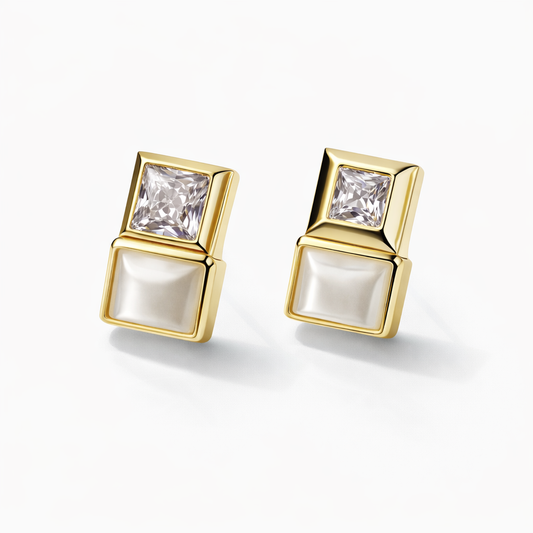 Dual Square Diamond & Pearl Gold Stud Earrings