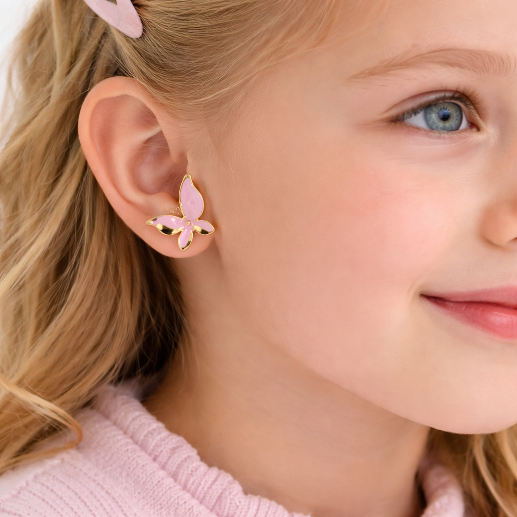 Kids Enamel Stud Earrings – Set of 3 Pairs (Butterfly, Daisy & Clover)