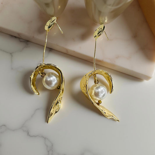 Sculpted Gold-Tone Pearl Drop Earrings