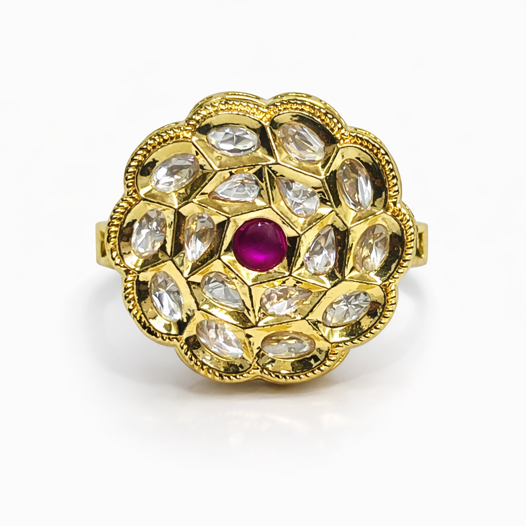 Royal Ruby Polki Floral Ring in Antique Gold Finish