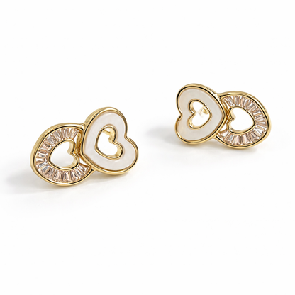 Double Heart Gold Stud Earrings
